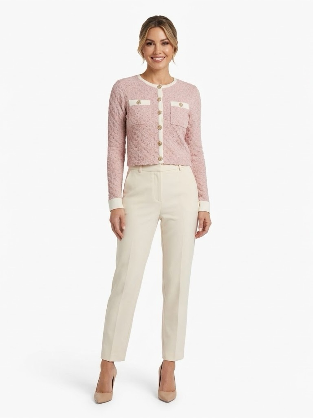 NWT MABLE Pink Textured Cropped Cardigan Jeweled Buttons Size Small